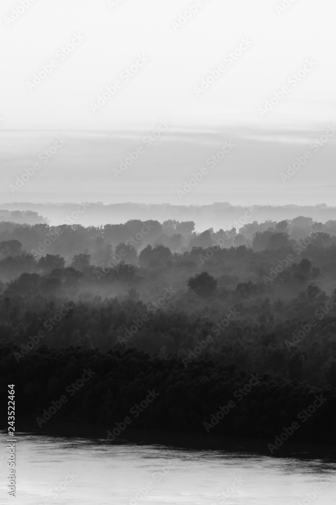 Mystical view on riverbank  of large island with forest under haze at early morning in grayscale. Mist among layers from tree silhouettes. Morning monochrome atmospheric landscape of majestic nature.