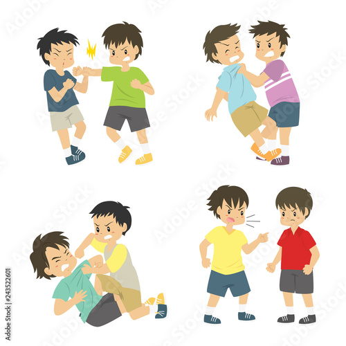 Set of boys fighting each other vector. Kids fighting vector set