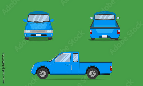 light blue pickup truck cab car front side back view transport vector illustration eps10