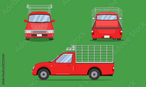 red pickup truck with car steel grating front side back view transport vector illustration eps10