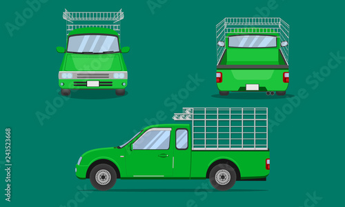 green pickup truck cab with car steel grating front side back view transport vector illustration eps10