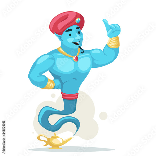 Pointing finger up arabian genie turban magic lamp smoke cartoon character wish vector illustration