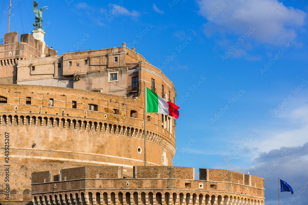 Italian flag on the Saint Angel Castle in Rome.
