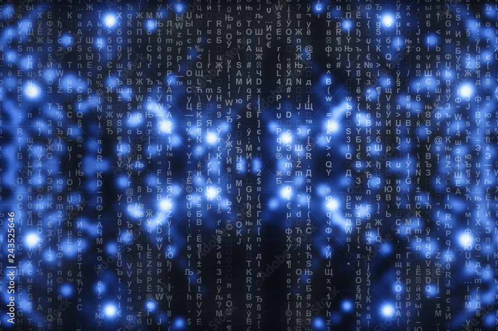 Matrix on blue digital background. Characters fall down. Stream of symbols. Shiny virtual reality with copy space. Sparkle backdrop. Complex algorithm. Falling letters and numbers. Hacking computer. Matrix on blue digital background. Characters fall down. Stream of symbols. Shiny virtual reality with copy space. Sparkle backdrop. Complex algorithm. Falling letters and numbers. Hacking computer.