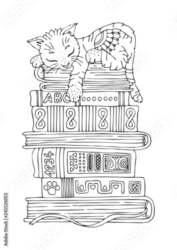 Kitty sleeps on a stack of books. Hand drawn picture. Sketch for anti-stress adult coloring book in zen-tangle style. Vector illustration for coloring page.