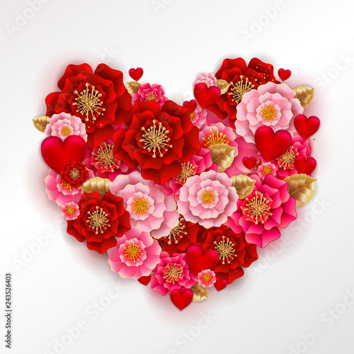 Happy Valentine's day banner with beautiful colorful flowers and hearts on white background. For template, banners, wallpaper, flyers, invitation, posters, brochure, voucher discount. Vector