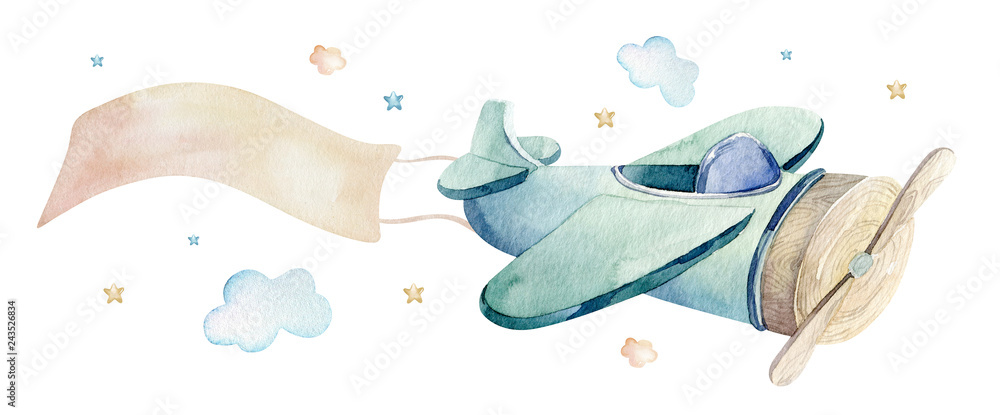 Fototapeta premium Akwarela zestaw ilustracji tła uroczej kreskówki i fantazyjnej sceny nieba wraz z samolotami, helikopterami, samolotem i balonami, chmury. Chłopiec wzór. To projekt baby shower
