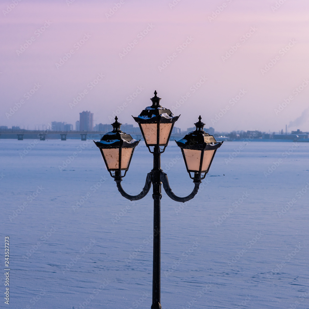 Lanterns on the winter promenade of the city of Saratov