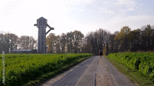 View of a horsewoman riding a horse in the morning on a country road near the Water Tower in Limburg, The Netherlands. Slow motion edit photo