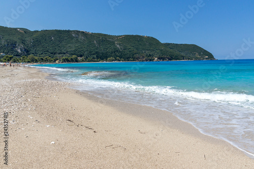Fototapeta Naklejka Na Ścianę i Meble -  Seascape with Agios Ioanis beach with blue waters, Lefkada, Ionian Islands, Greece