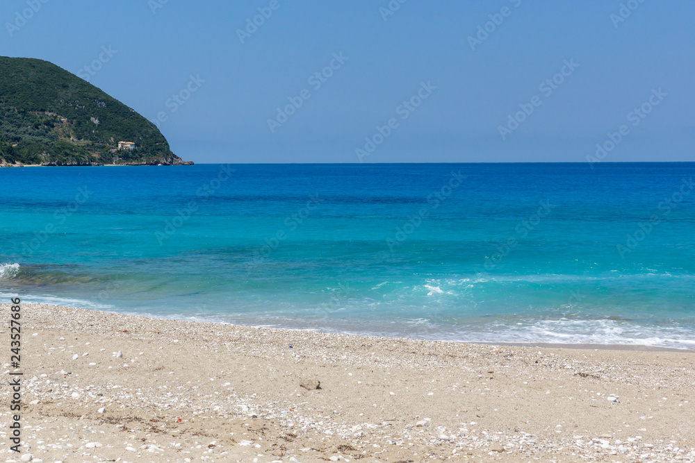 Seascape with Agios Ioanis beach with blue waters, Lefkada, Ionian Islands, Greece
