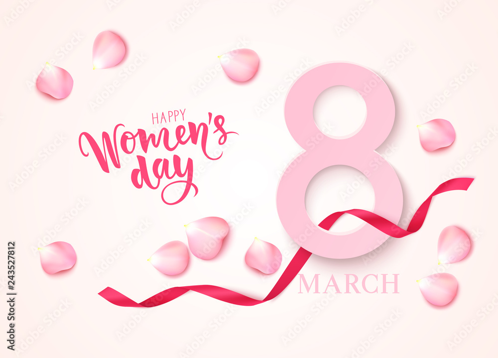 Decorative pink 8 with red ribbon. Eight of march design template. Happy Women's Day text with pink rose petals. Vector illustration