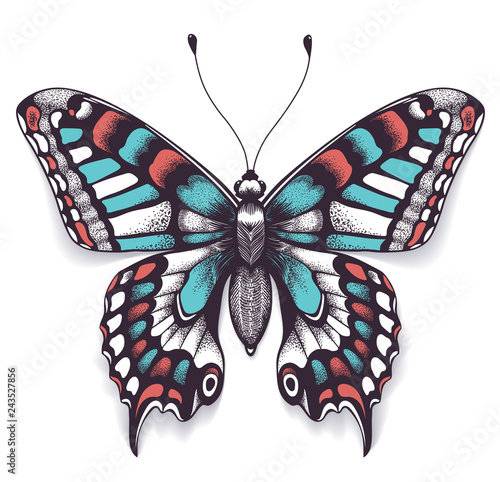 Tattoo tropical realistic butterfly with shadow.