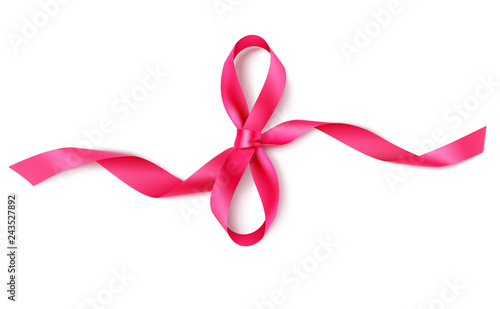 8 march design template. Decorative pink bow with horizontal swirl ribbon isolated on white background. Womens Day decoration. Vector illustration