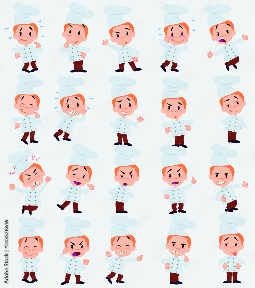 Cartoon character chef. Set with different postures, attitudes and poses, doing different activities in isolated vector illustrations. Cartoon character chef. Set with different postures, attitudes and poses, doing different activities in isolated vector illustrations.