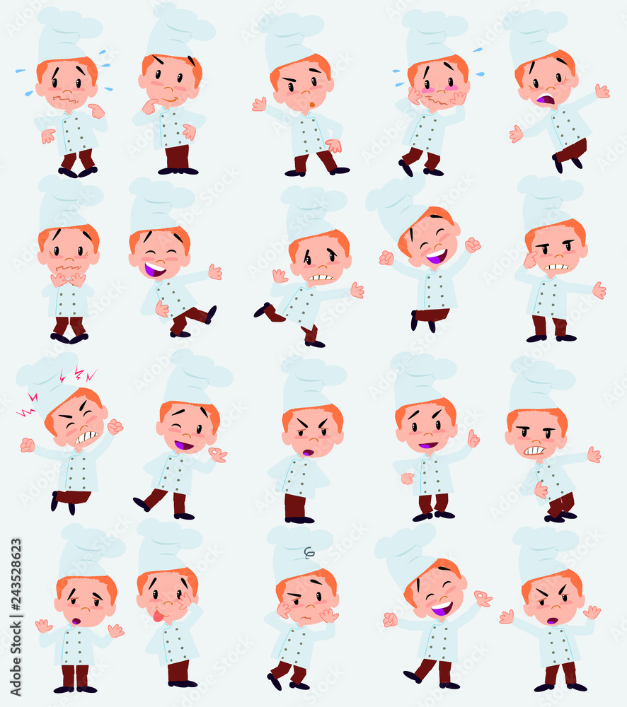 Cartoon character chef. Set with different postures, attitudes and poses, doing different activities in isolated vector illustrations. Cartoon character chef. Set with different postures, attitudes and poses, doing different activities in isolated vector illustrations.