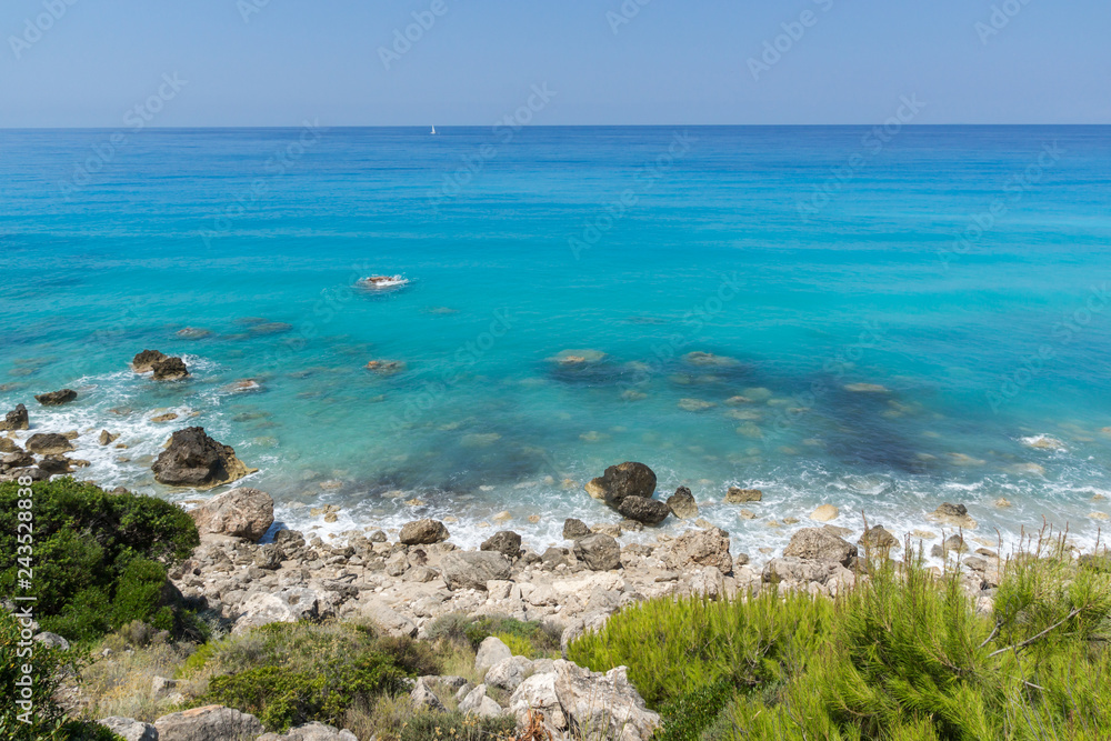 Amazing Seascape of Kokkinos Vrachos Beach with blue waters, Lefkada, Ionian Islands, Greece