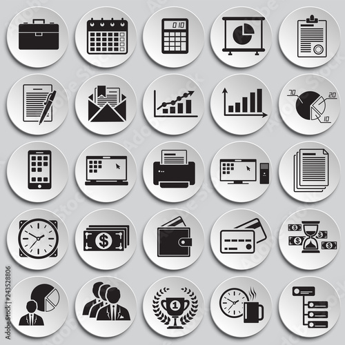 Business icons set on plates background for graphic and web design, Modern simple vector sign. Internet concept. Trendy symbol for website design web button or mobile