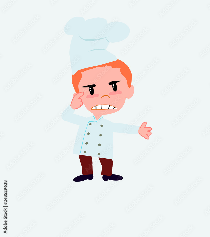 Chef, is angry and points his head with his index finger. Chef, is angry and points his head with his index finger.