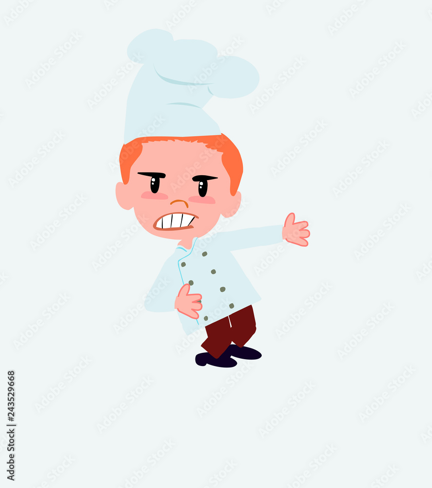 Chef shows very angry something to his left. Chef shows very angry something to his left.