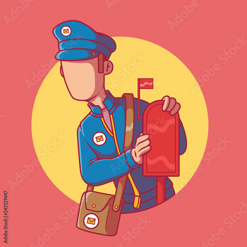 Mailman standing near a mailbox vector illustration. Mail, post office, delivery, message, contact, social media design concept