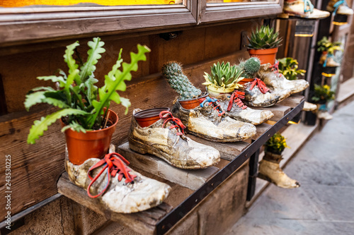 Old boots used as creative funny flower pots