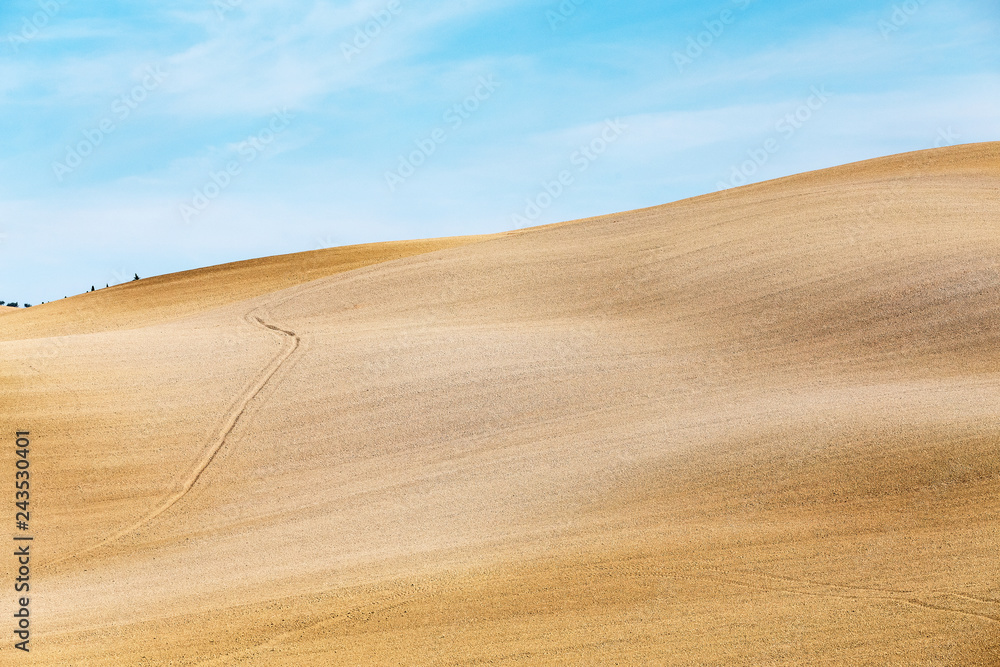 Fototapeta premium Typical landscape of rural Tuscany plowed fields in autumn. Harvest and travel concept