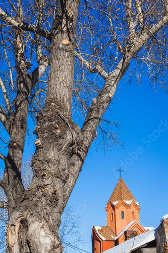 a new armenian brick church an \d an old  poplar in Irkutsk