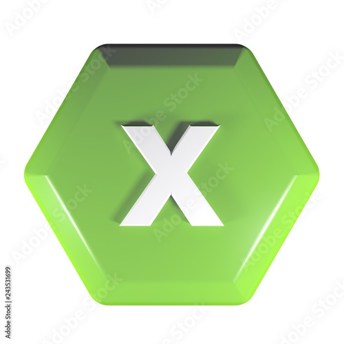 Green hexagonal push button with the sign x for the multiplication operation - 3D rendering illustration photo