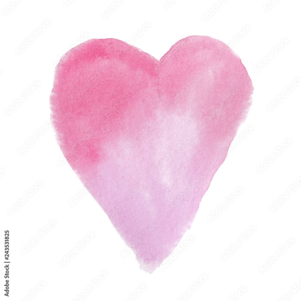 Big pink red watercolor heart, hand drawn, isolated on white background