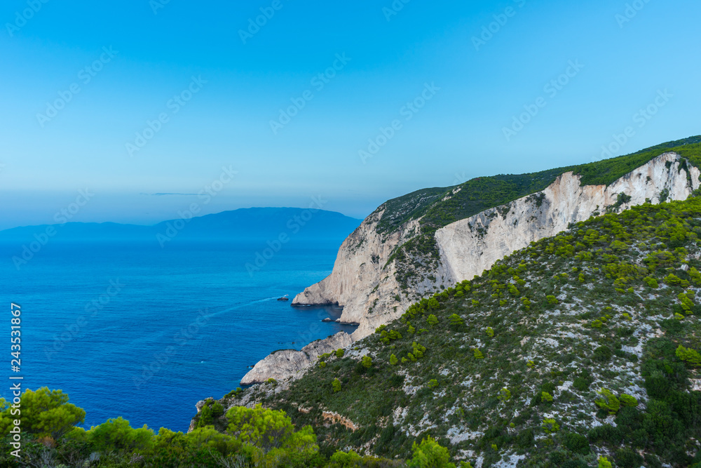 Greece, Zakynthos, Beautiful mountains and cliff nature landscape at the ocean in twilight