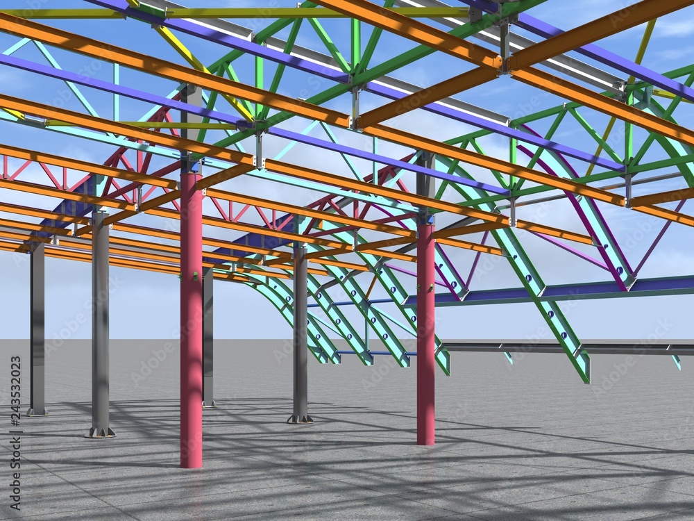 BIM model of metal structure. The building is made of metal structures. Building information model. Architectural, engineering and construction background. 3D rendering. BIM model of metal structure. The building is made of metal structures. Building information model. Architectural, engineering and construction background. 3D rendering.