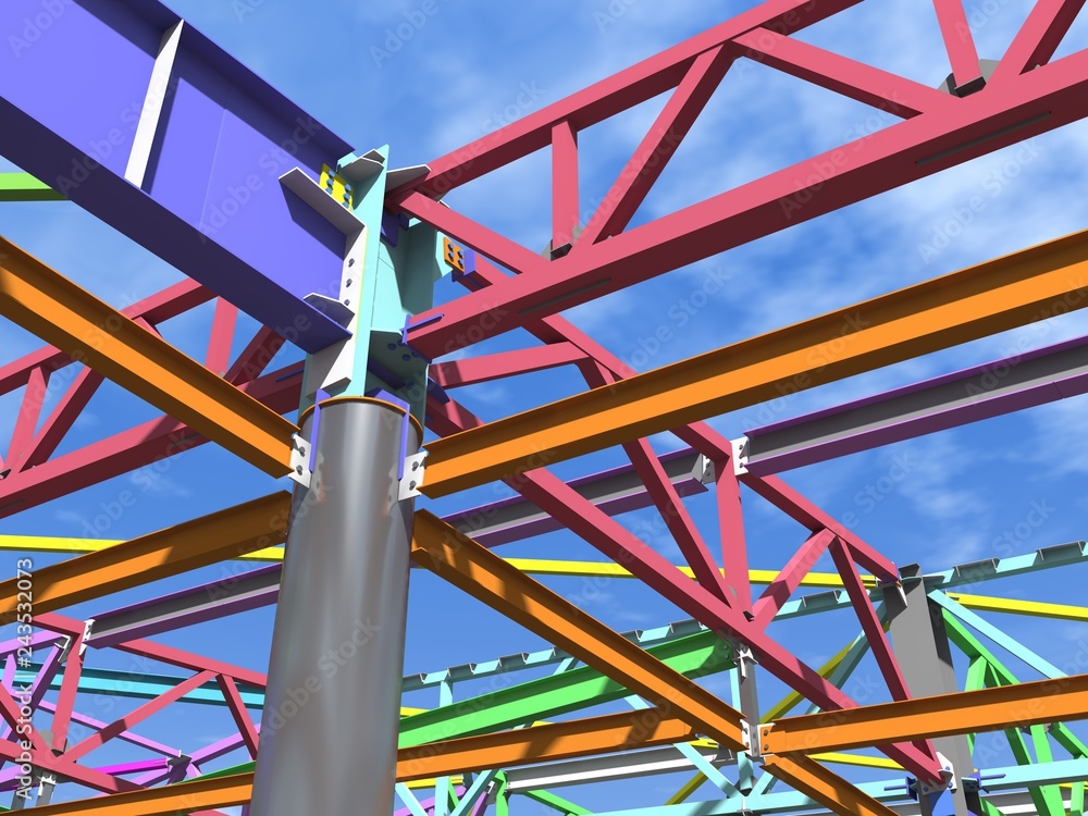 BIM model of metal structure. The building is made of metal structures. Building information model. Architectural, engineering and construction background. 3D rendering.