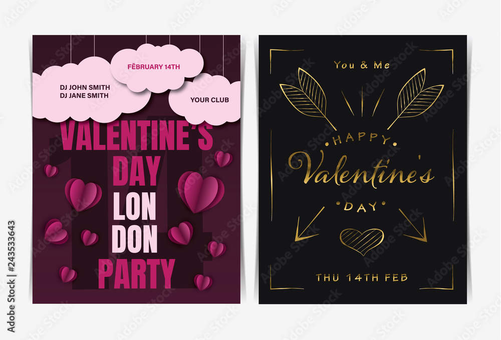 Naklejka premium Set of Valentine's day invitation party flyers template. Vector illustration.