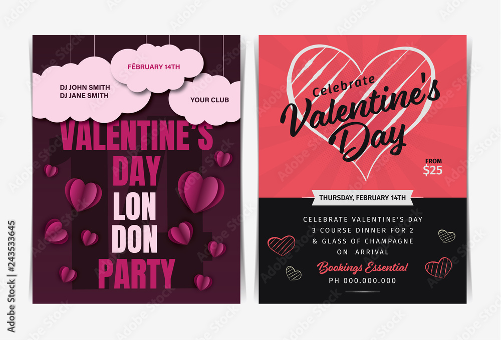 Set of Valentine's day invitation party flyers template. Vector illustration. Set of Valentine's day invitation party flyers template. Vector illustration.
