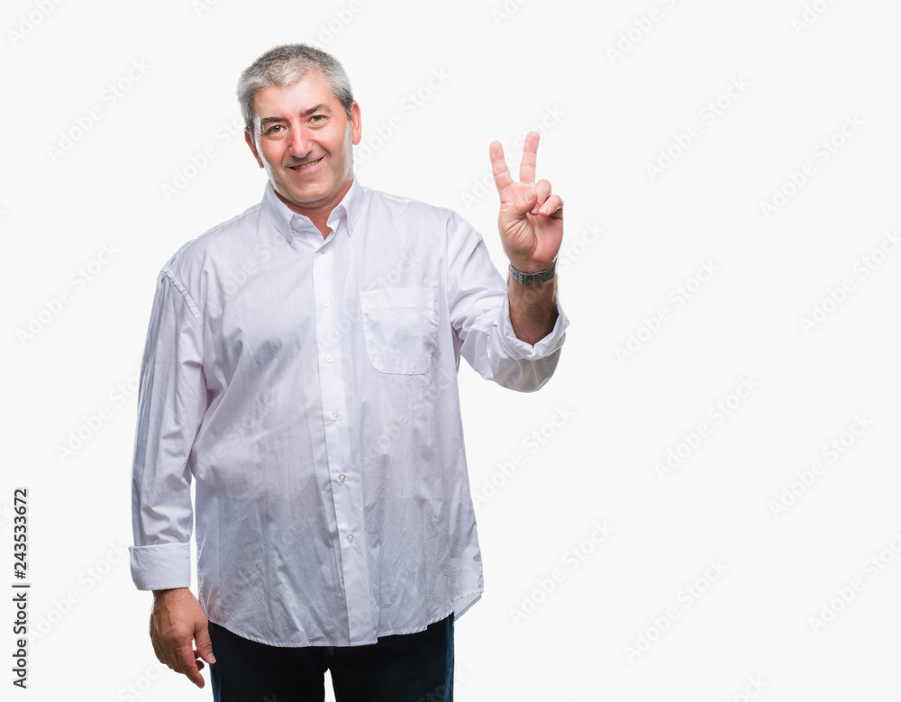 Handsome senior man over isolated background smiling with happy face winking at the camera doing victory sign. Number two. Handsome senior man over isolated background smiling with happy face winking at the camera doing victory sign. Number two.