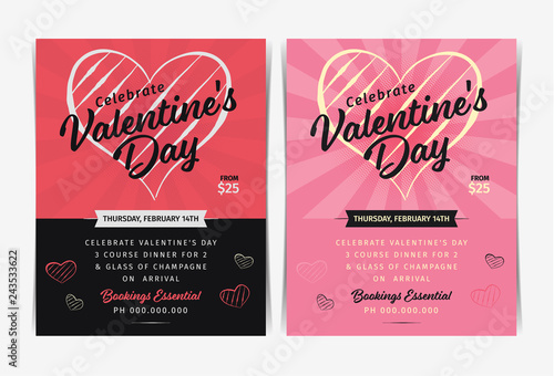 Set of Valentine's day invitation flyers template. Vector illustration.