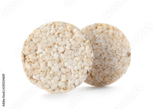 Crunchy rice cakes on white background. Healthy snack