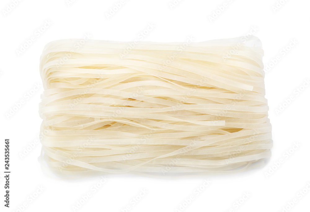 Raw rice noodles on white background, top view Raw rice noodles on white background, top view