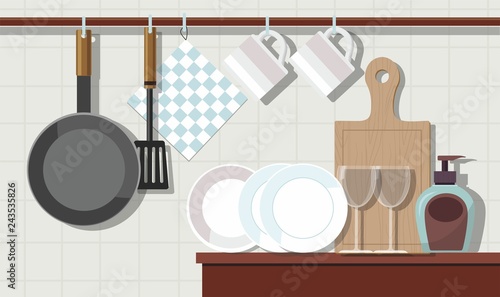 Home interior of kitchen with furniture and  crockery.