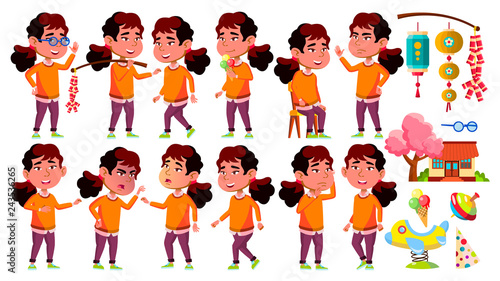 Asian Girl Kindergarten Kid Poses Set Vector. Little Child. Funny Toy. Lifestyle. For Advertising, Placard, Print Design. Isolated Cartoon Illustration