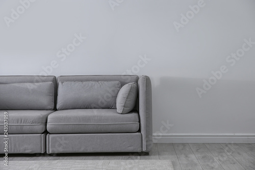Simple living room interior with comfortable sofa near light wall. Space for text