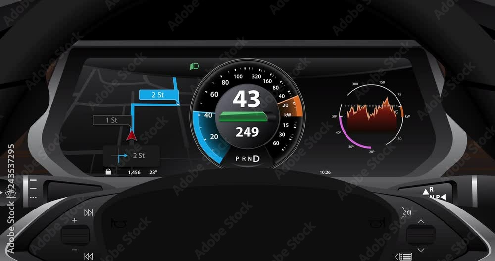 Electric car dashboard display closeup. Speedometer, navigation, battery level Power consumption indicator. 4K animation Electric car dashboard display closeup. Speedometer, navigation, battery level Power consumption indicator. 4K animation