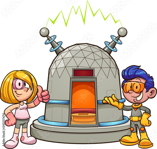 Cartoon girl and boy wearing retro futuristic clothes showing a time machine.  Vector clip art illustration with simple gradients. Some elements on separate layers. 