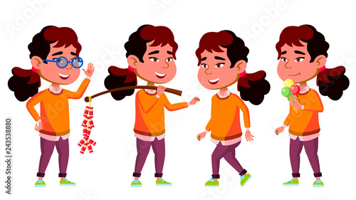 Asian Girl Kindergarten Kid Poses Set Vector. Preschool, Childhood. Friend. For Postcard, Cover, Placard Design. Isolated Cartoon Illustration