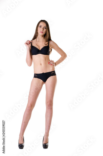 sexy girl in black lingerie on white background