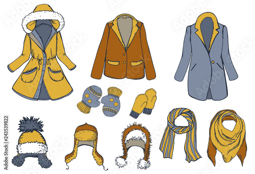 Hand drawn elements set with outerwear: color coat, jacket, scarfs, caps and mittens. Vector illustration