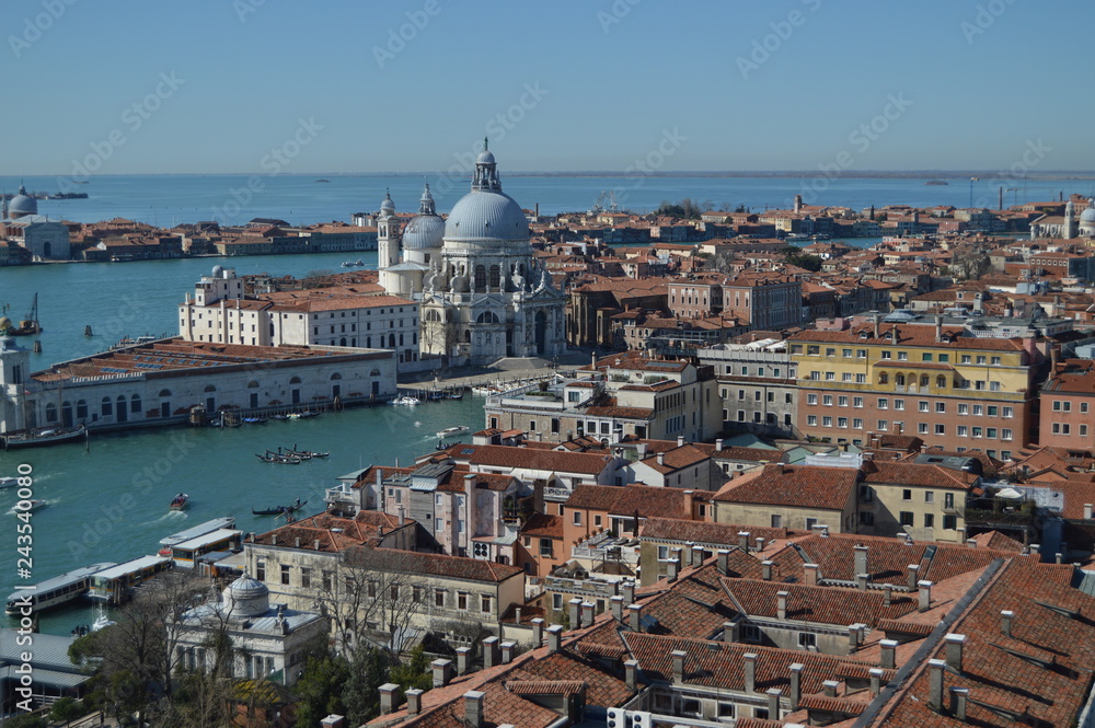 Aerial Views From The Bell Tower Campanille Of The Health Basilica Of Venice. Travel, Holidays, Architecture. March 27, 2015. Venice, Region Of Veneto, Italy.
