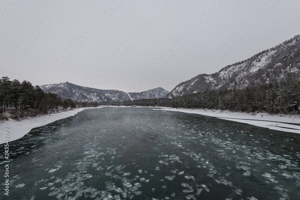 Landscape with river and mountains, Katun river on the Altai mountains Landscape with river and mountains, Katun river on the Altai mountains