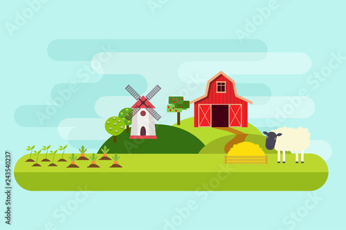 Agriculture and Farming. Rural landscape. Vector illustration.